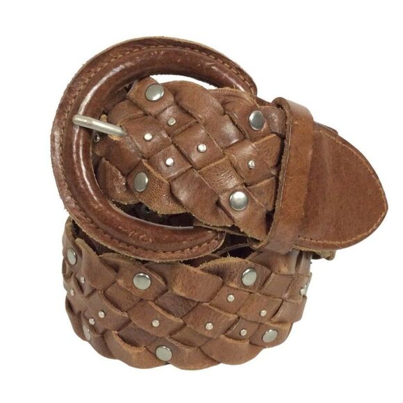 Old Navy Womens Belt Size Medium Brown Leather Braided Woven Studded Boho Hippie - Picture 1 of 3